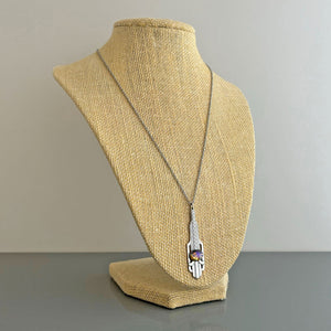 MAGDA Art Deco fire opal cabochon silver pendant necklace - 