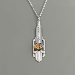 MAGDA Art Deco fire opal cabochon silver pendant necklace - 