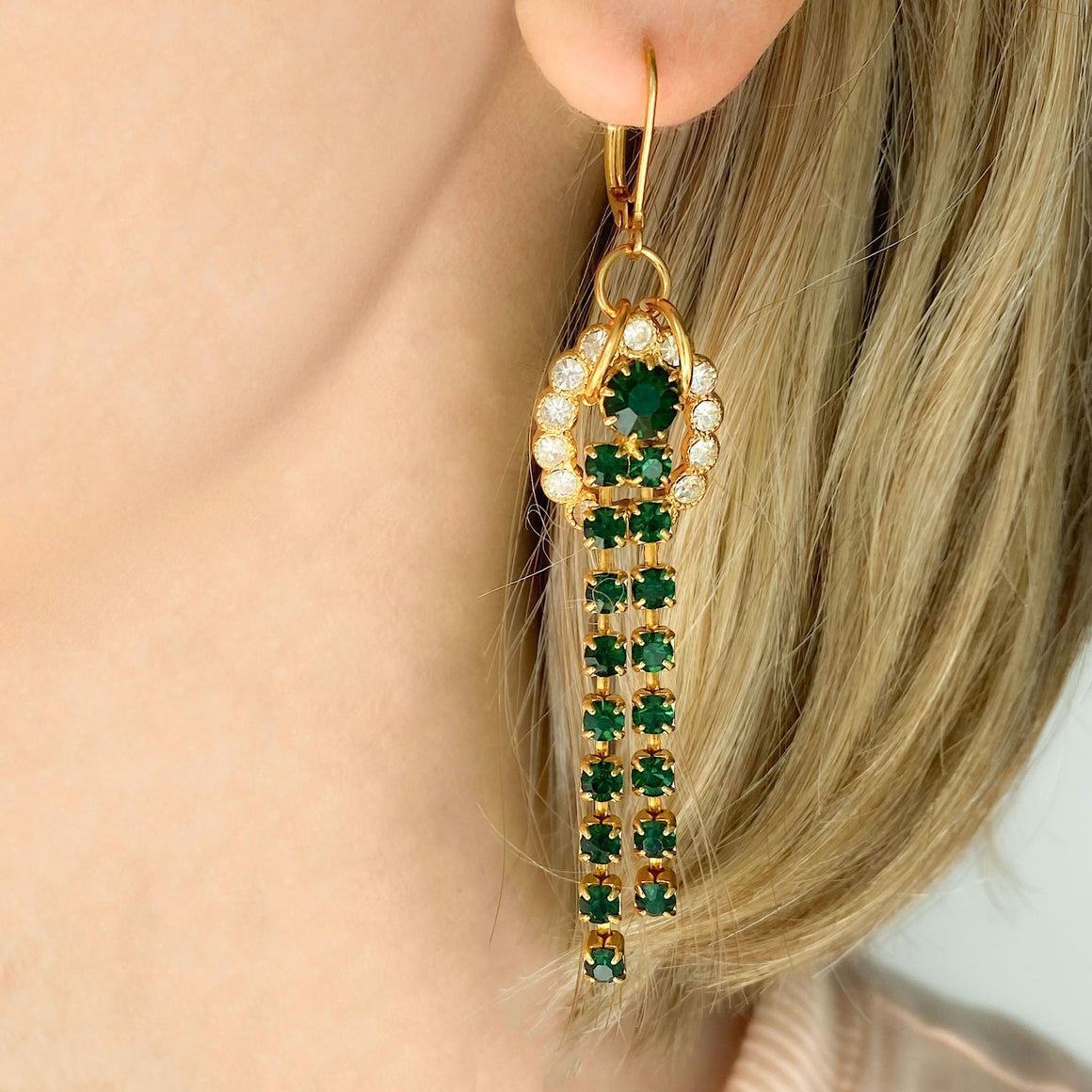 MAJA vintage Old Quebec gold tone and emerald long earrings-GREEN BIJOU