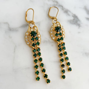MAJA vintage Old Quebec gold tone and emerald long earrings-GREEN BIJOU