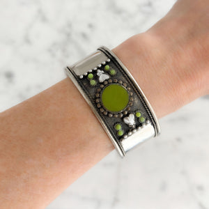 MARIKA vintage jade green metal beaded silver cuff bracelet - 