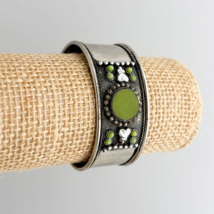 MARIKA vintage jade green metal beaded silver cuff bracelet - 