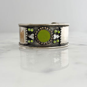 MARIKA vintage jade green metal beaded silver cuff bracelet - 