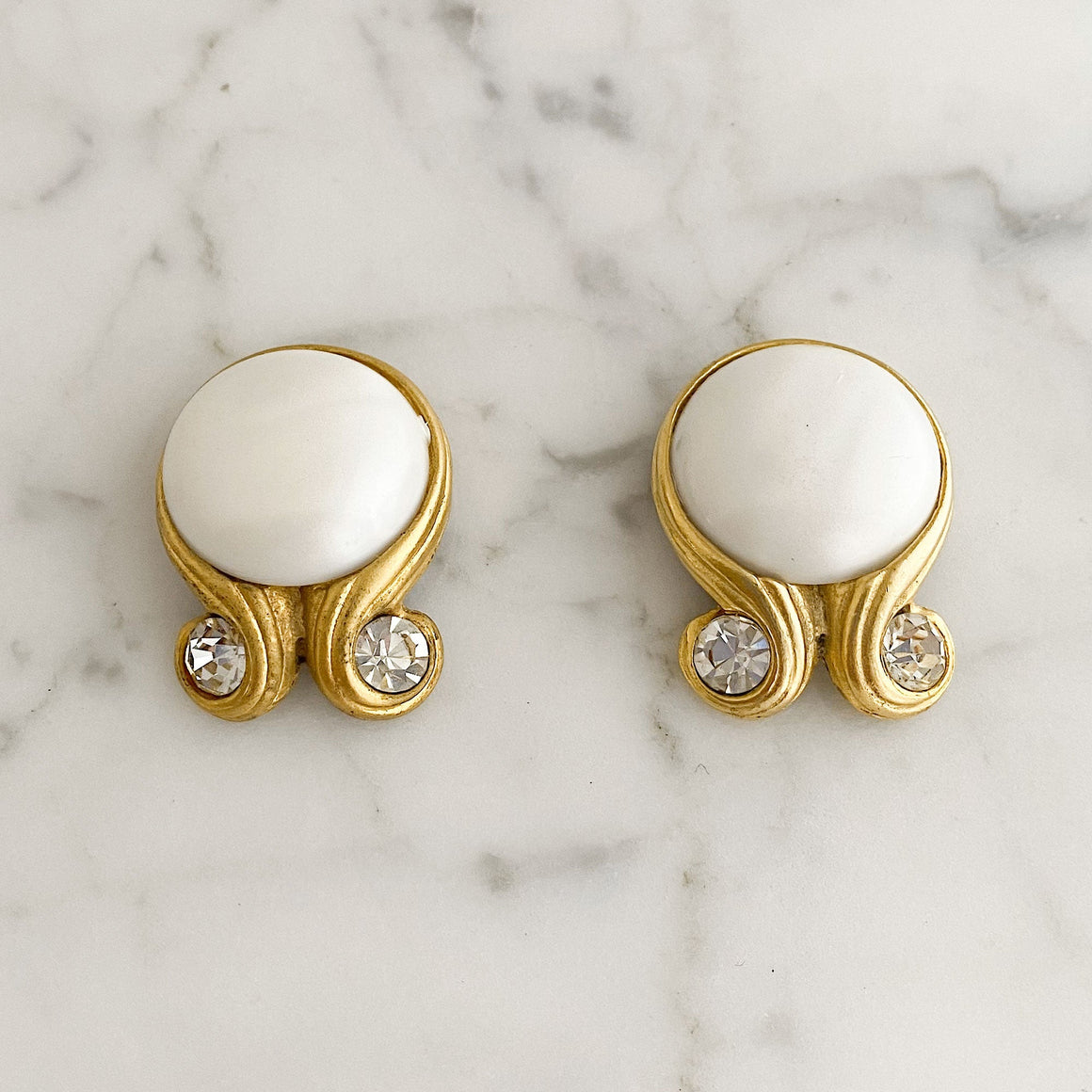 MARION vintage gold and white pearl cabochon shoe clips-GREEN BIJOU
