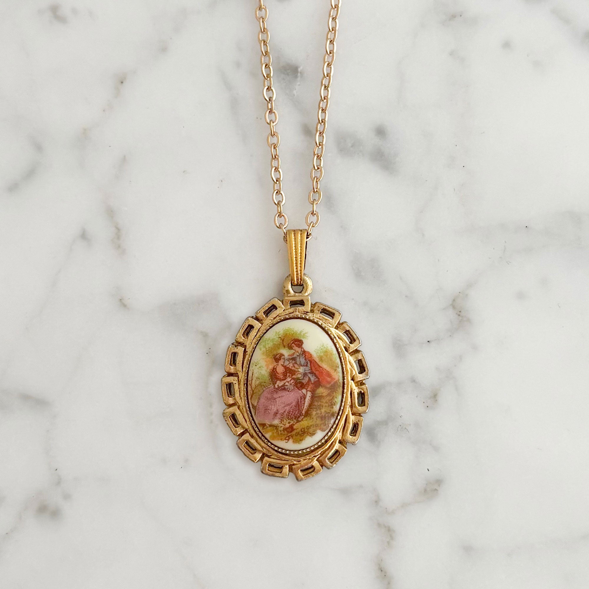 MARLIE Victorian Revival painted figural porcelain pendant necklace-GREEN BIJOU
