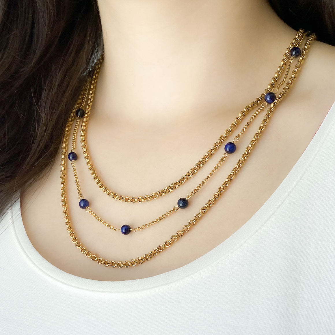MCGREGOR blue tiger eye beaded gold chain layered necklace-GREEN BIJOU