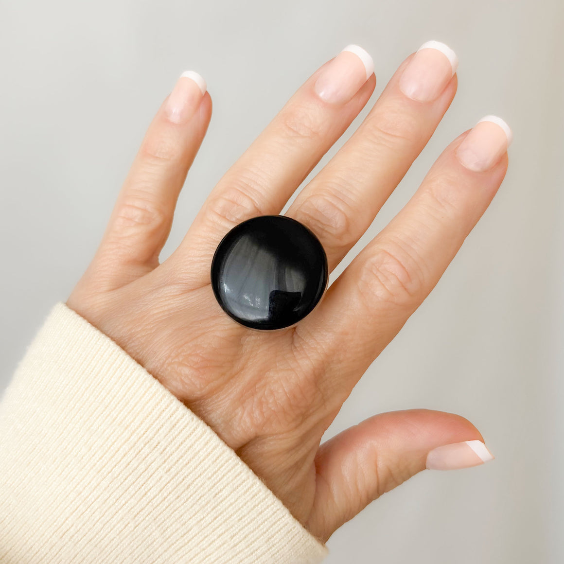 MERCEDES vintage large black cabochon stainless steel ring-GREEN BIJOU