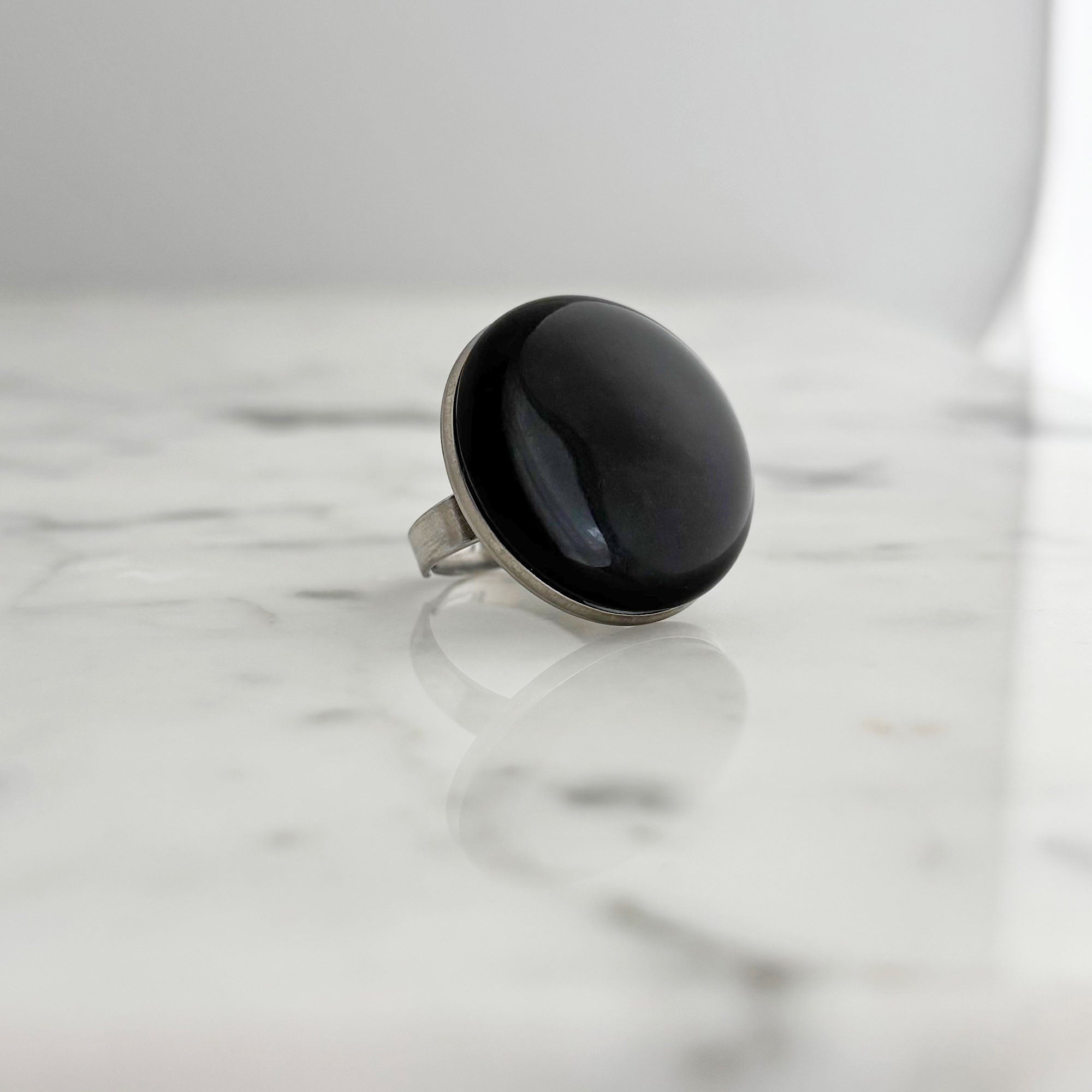 MERCEDES vintage large black cabochon stainless steel ring-GREEN BIJOU