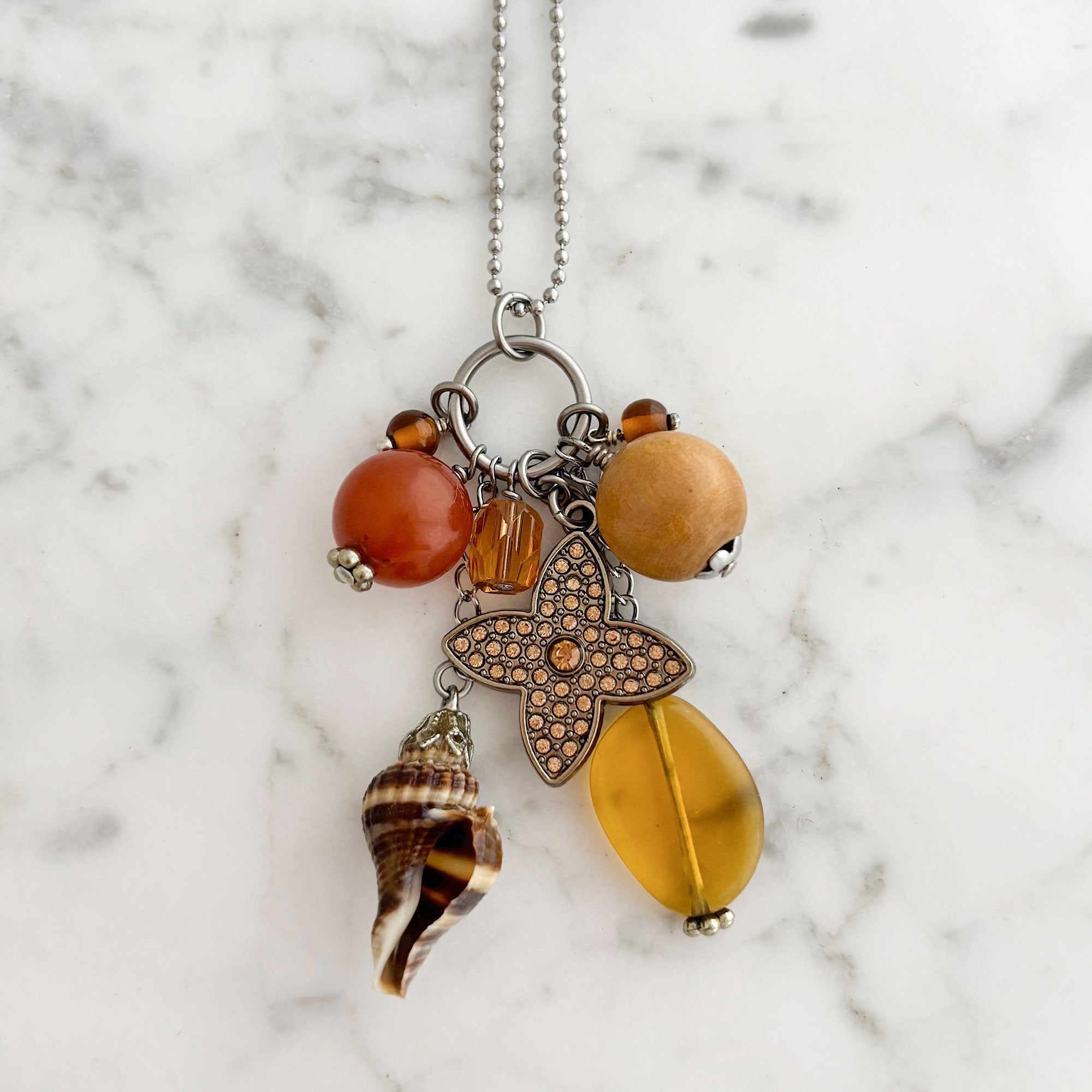 MIDGE vintage beaded topaz charms jumble pendant necklace-GREEN BIJOU