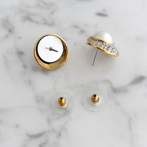 MILLY vintage pavé crystal pearl cabochon gold stud earrings - 
