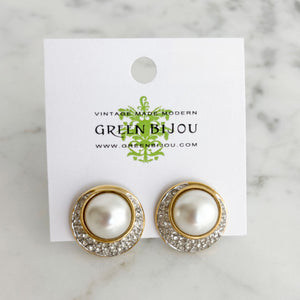 MILLY vintage pavé crystal pearl cabochon gold stud earrings - 
