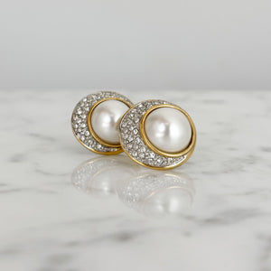 MILLY vintage pavé crystal pearl cabochon gold stud earrings - 