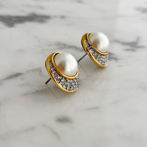 MILLY vintage pavé crystal pearl cabochon gold stud earrings - 