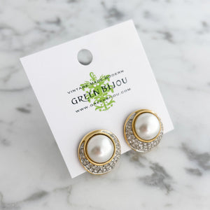 MILLY vintage pavé crystal pearl cabochon gold stud earrings - 