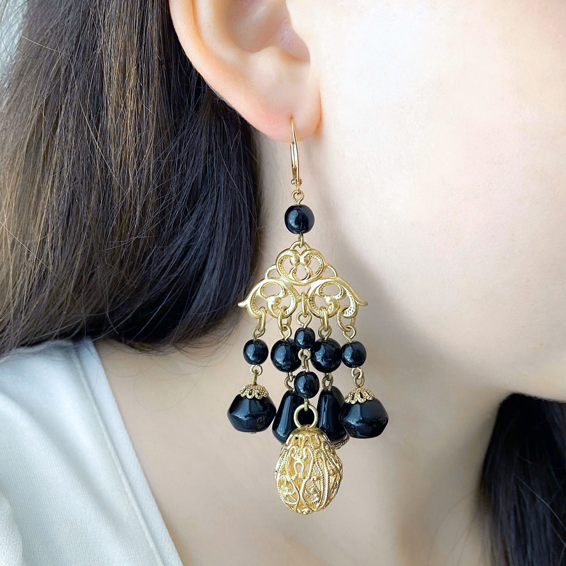 MONTROSE vintage gold and black chandelier earrings-GREEN BIJOU