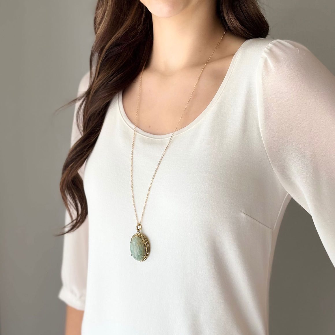 MYRON vintage framed amazonite cabochon pendant necklace-GREEN BIJOU