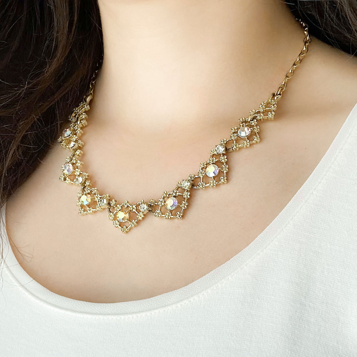 LEOPOLD vintage aurora borealis light gold filigree necklace