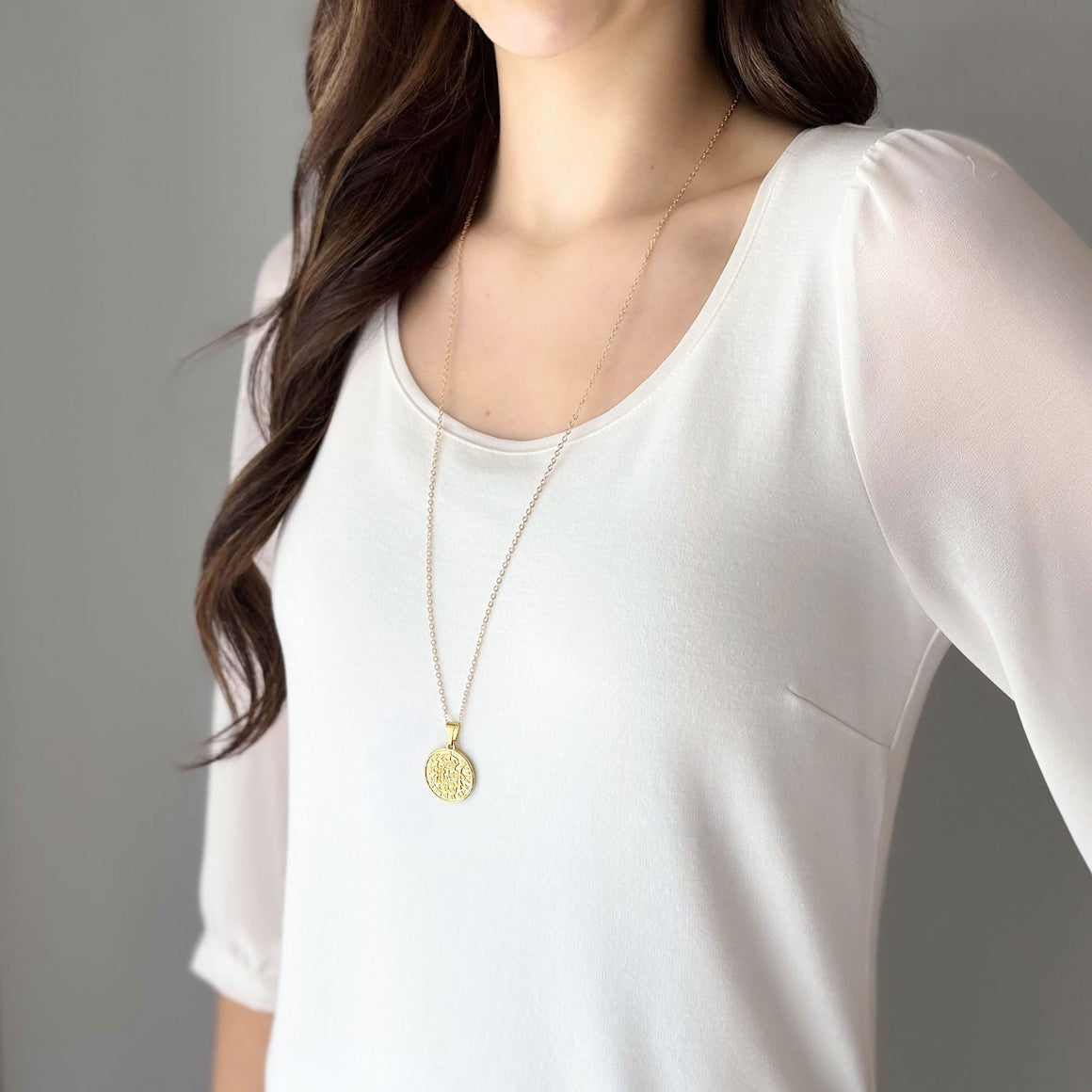 GARRETT Coat of Arms gold coin long pendant necklace-GREEN BIJOU