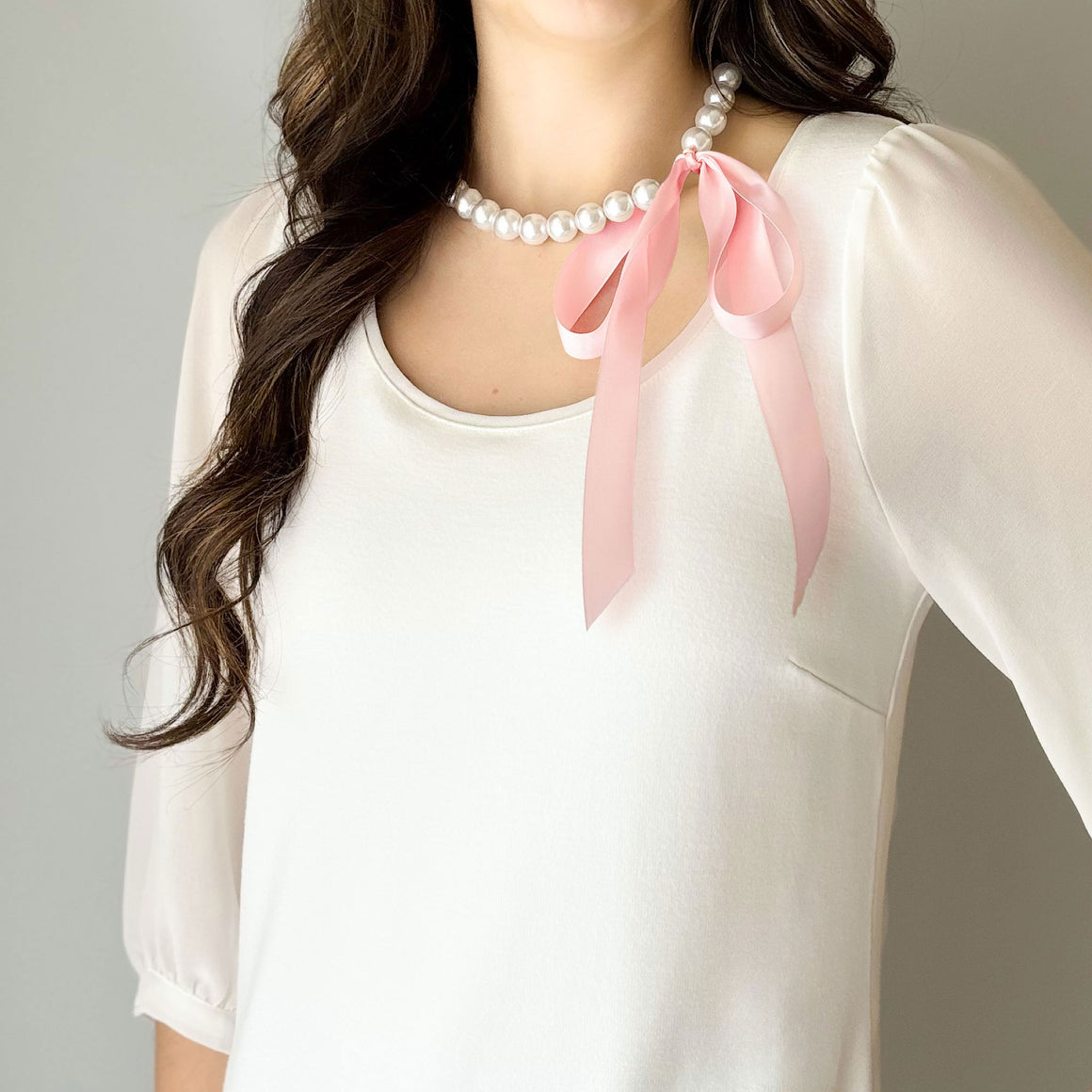 DOTTY blush pink satin ribbon tie pearl necklace