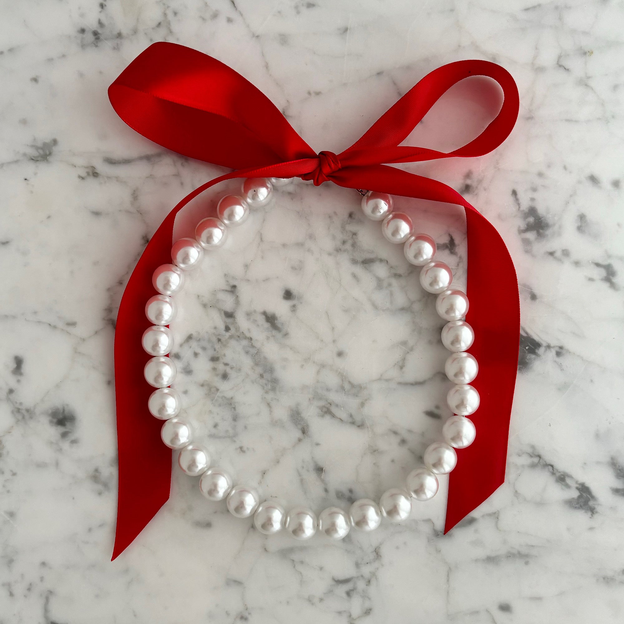 DOTTY bright red satin ribbon tie pearl necklace