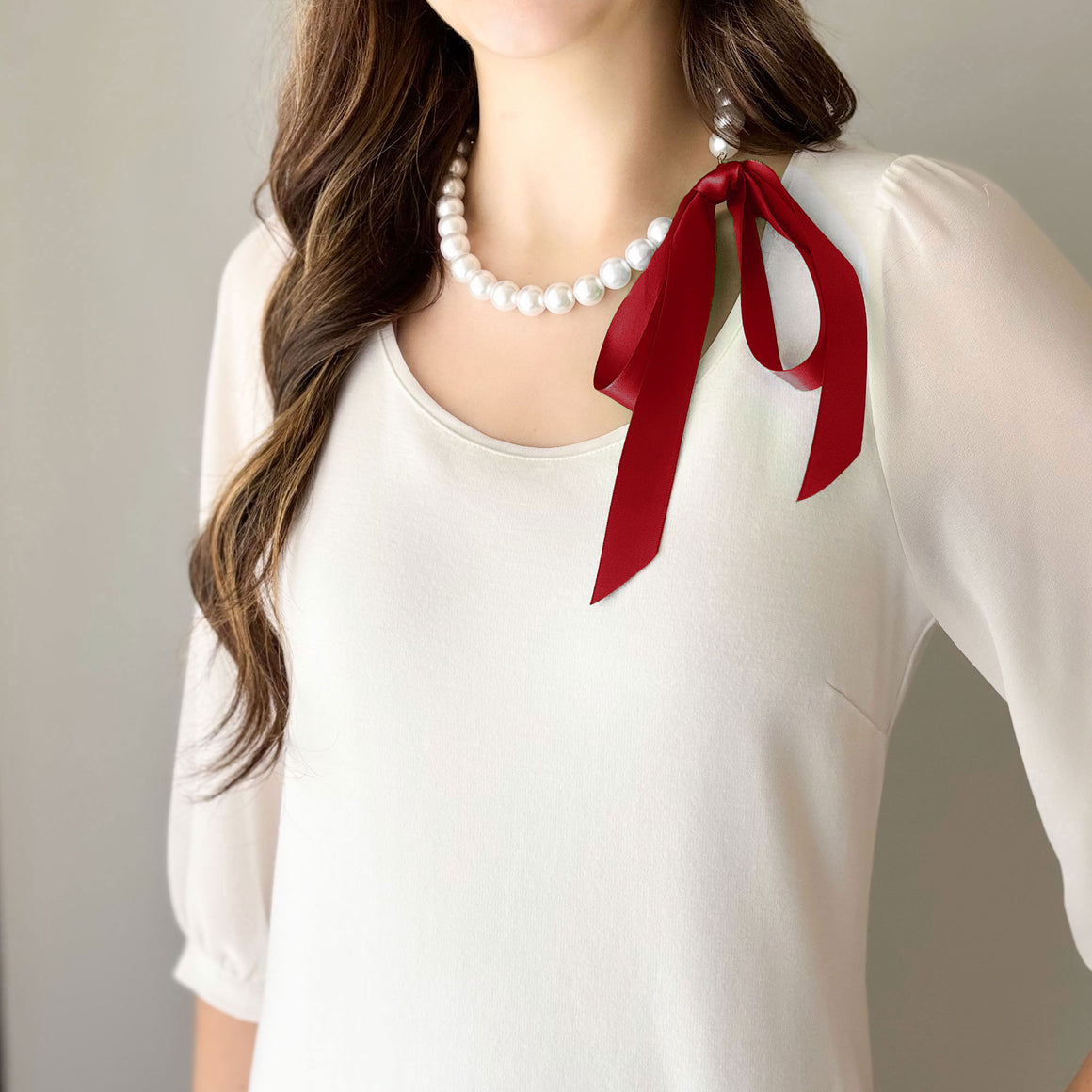DOTTY bright red satin ribbon tie pearl necklace