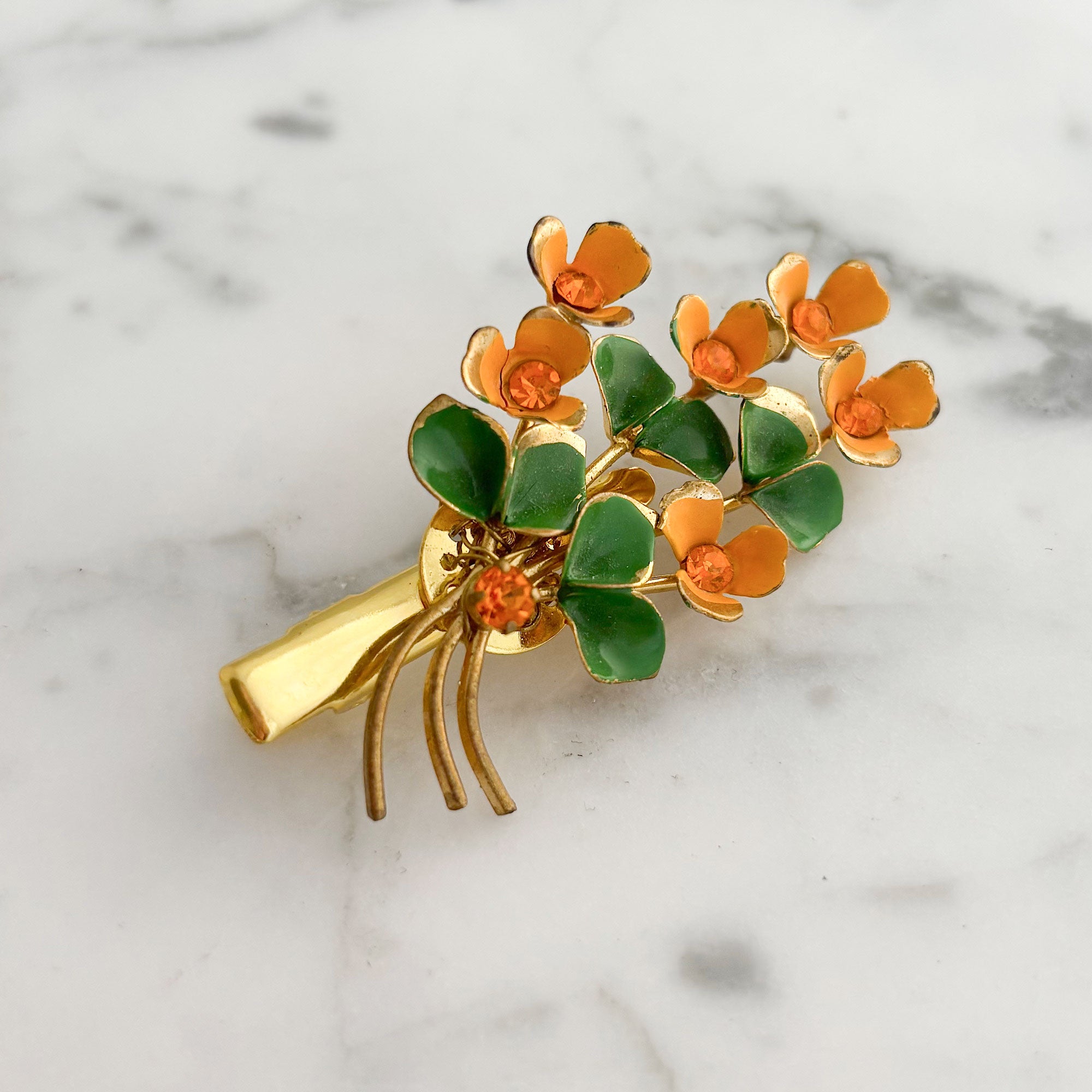 NAVEEN vintage orange green enamel flowered gold hair clip-GREEN BIJOU