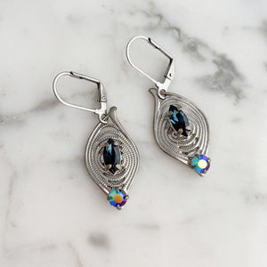 NORMA vintage silver tone filigree blue rhinestone earrings - 