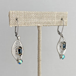 NORMA vintage silver tone filigree blue rhinestone earrings-GREEN BIJOU