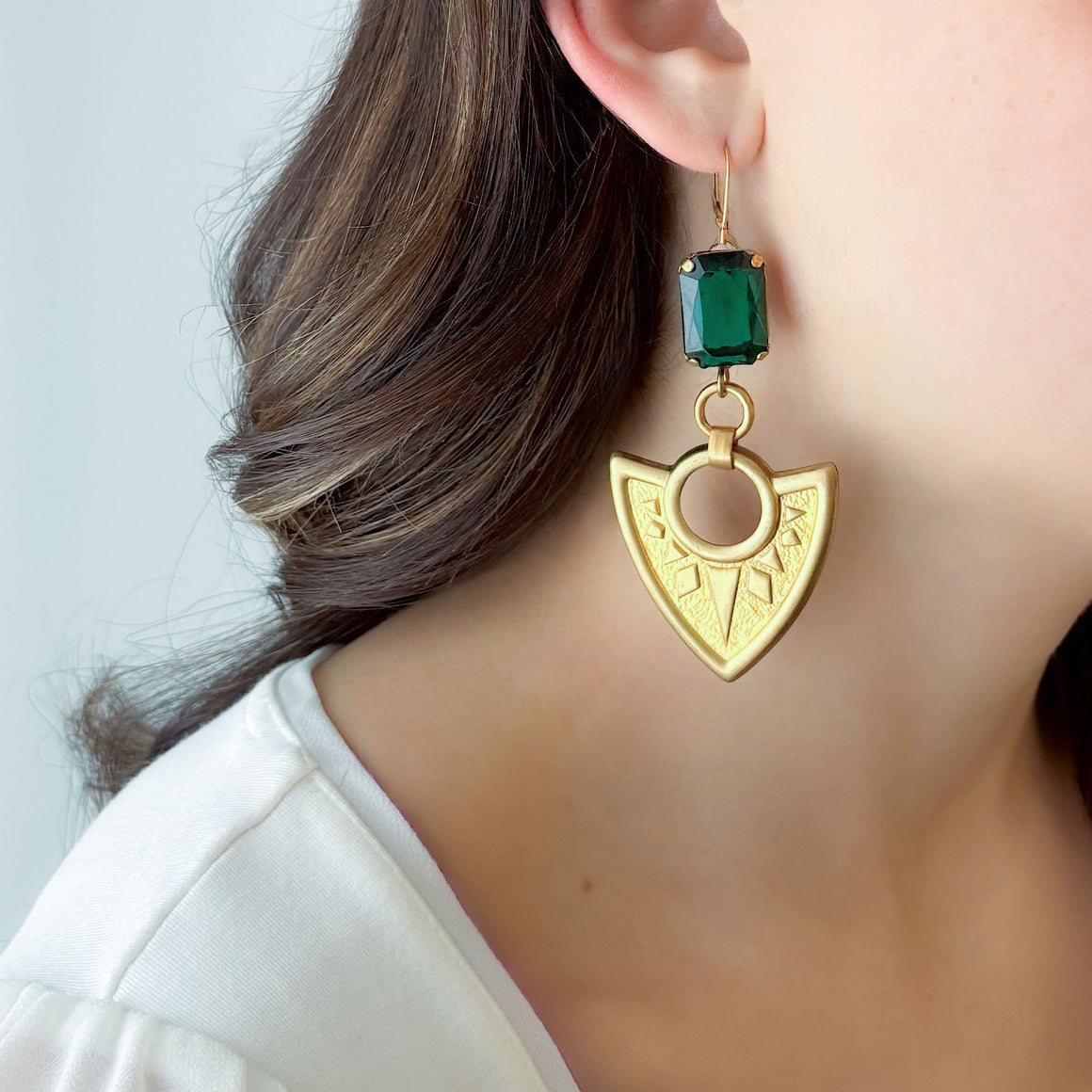 OCTAVIUS statement emerald green shield earrings-GREEN BIJOU