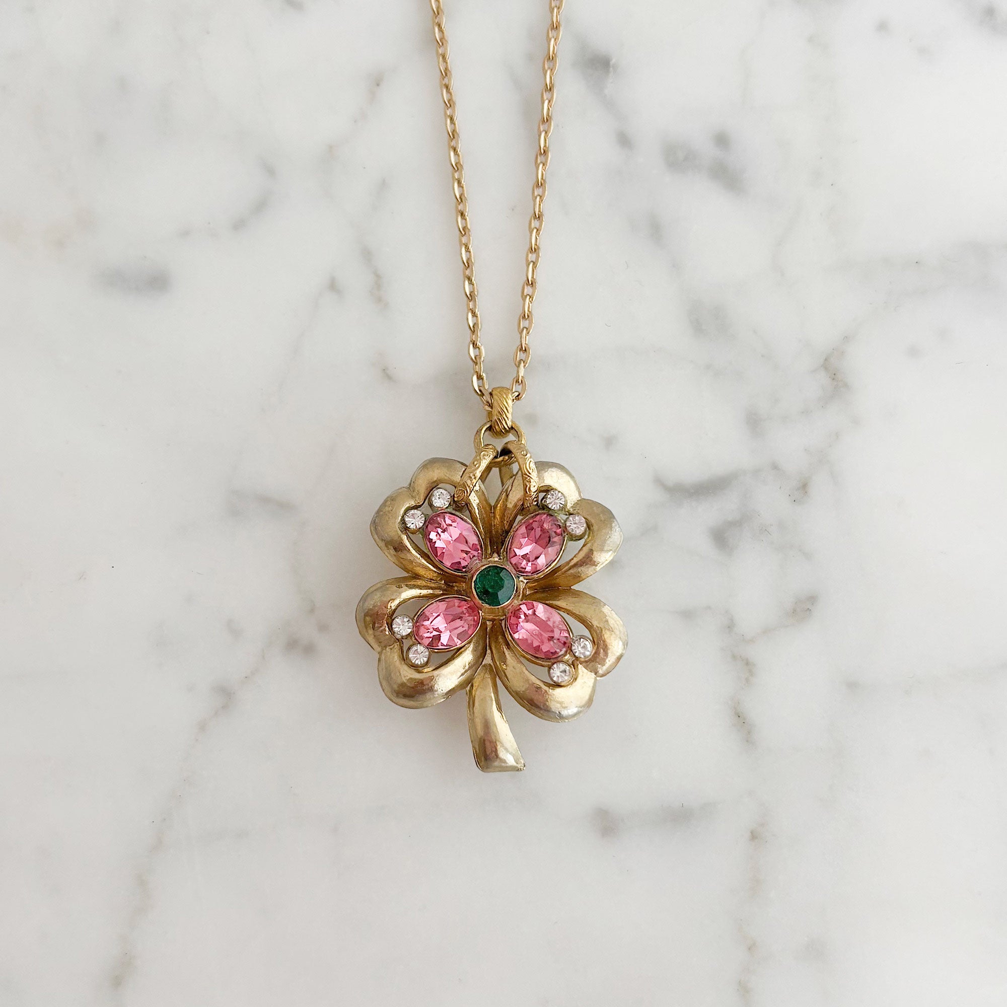 PADDY vintage gold 4 leaf clover rhinestone pendant necklace-GREEN BIJOU