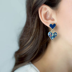 PALOMA 1980s navy blue enamel double heart drop studs - 