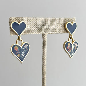 PALOMA 1980s navy blue enamel double heart drop studs - 