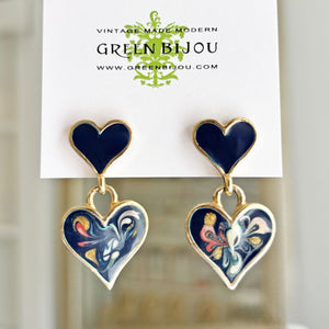 PALOMA 1980s navy blue enamel double heart drop studs - 