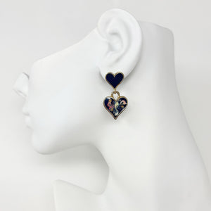 PALOMA 1980s navy blue enamel double heart drop studs - 