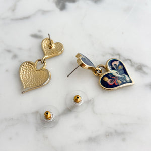 PALOMA 1980s navy blue enamel double heart drop studs - 