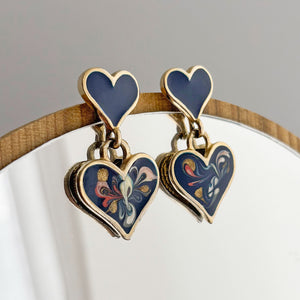 PALOMA 1980s navy blue enamel double heart drop studs-GREEN BIJOU