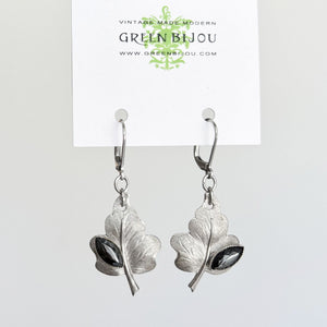 PAULINA vintage hematite and silver leaf dangle earrings - 