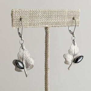 PAULINA vintage hematite and silver leaf dangle earrings-GREEN BIJOU