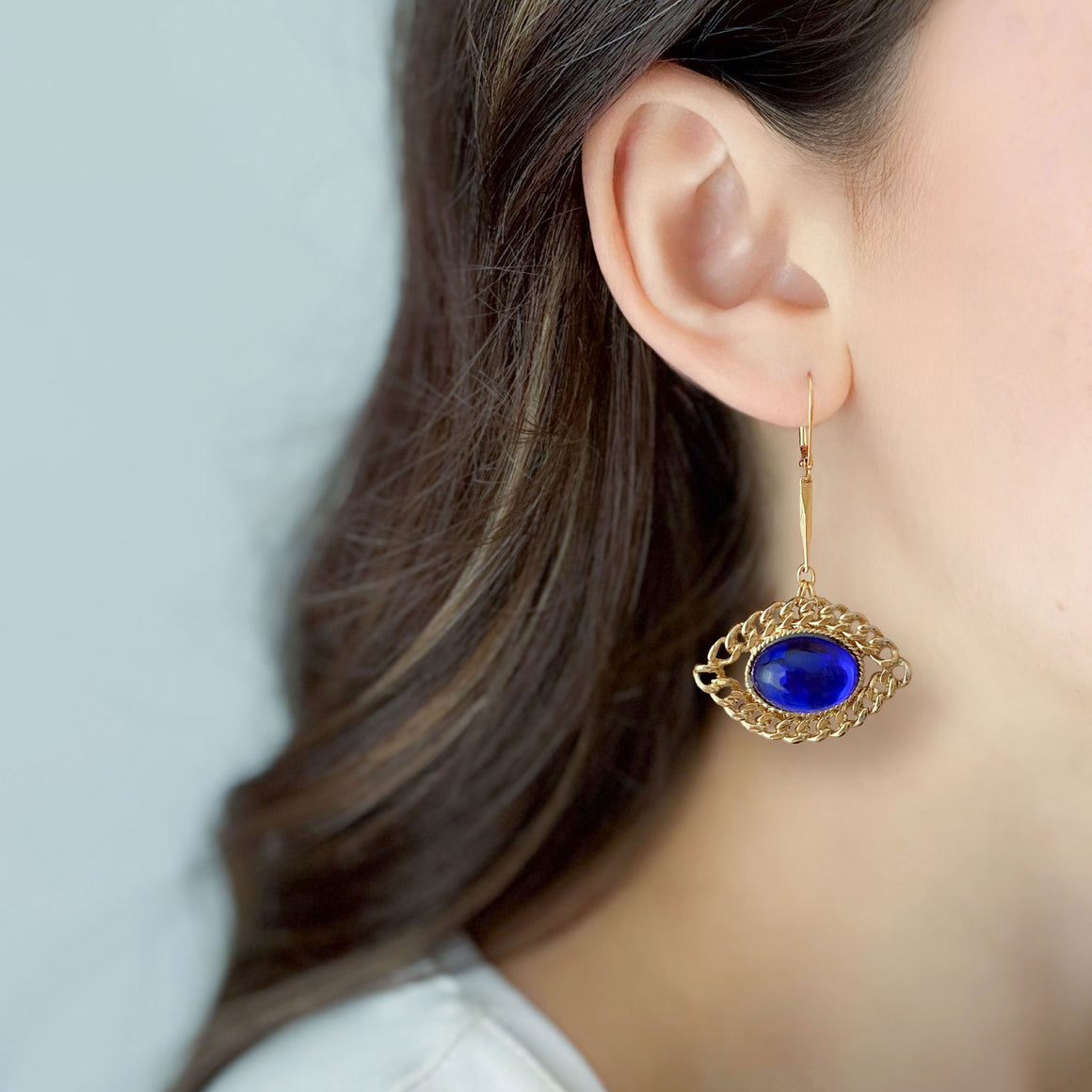 PAXTON vintage cobalt blue and gold chain framed earrings-GREEN BIJOU