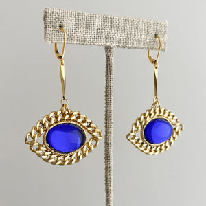 PAXTON vintage cobalt blue and gold chain framed earrings-GREEN BIJOU