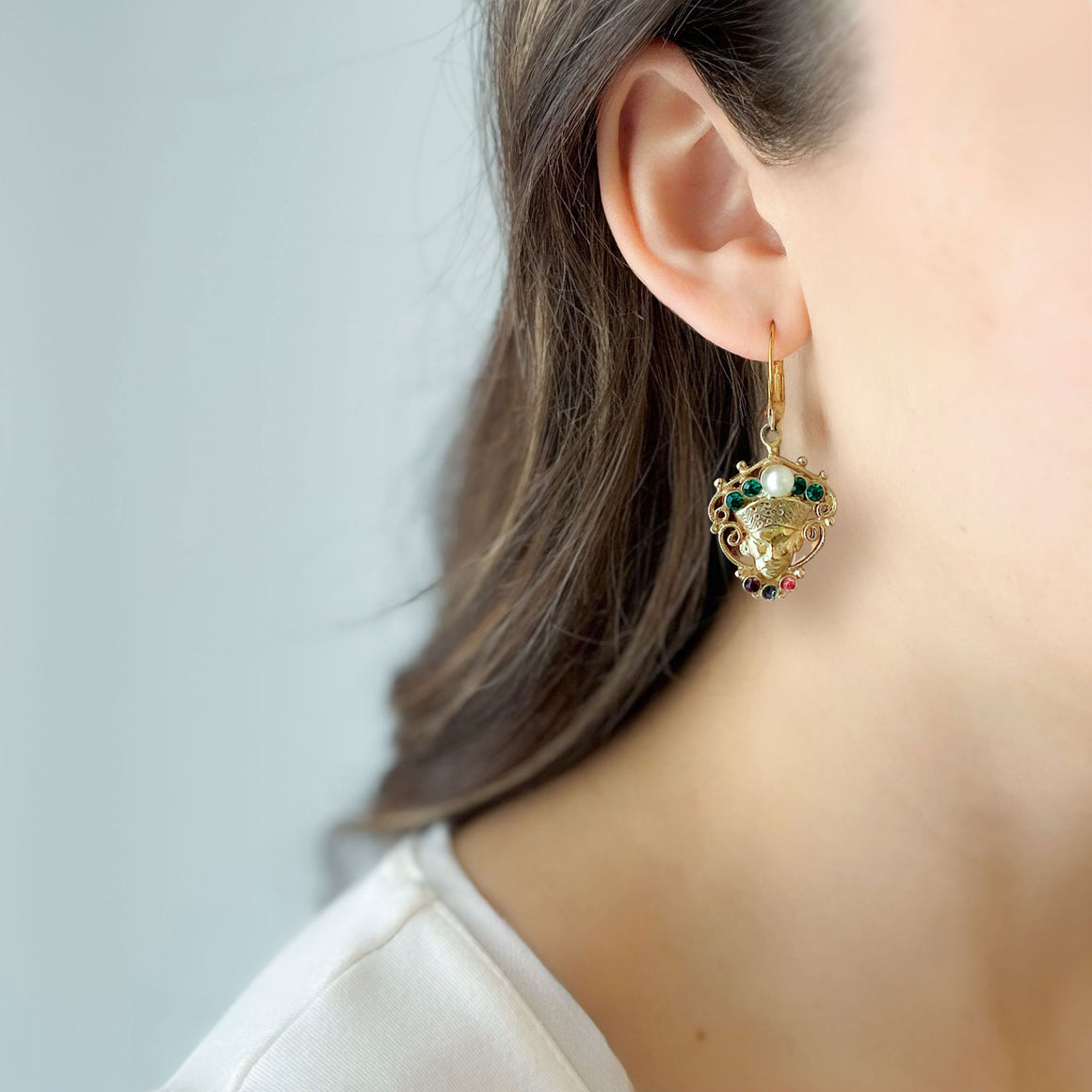 PHARAOH vintage bejewelled gold Egyptian King crown earrings-GREEN BIJOU