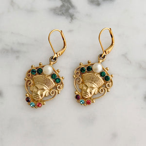 PHARAOH vintage bejewelled gold Egyptian King crown earrings - 