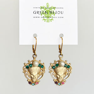 PHARAOH vintage bejewelled gold Egyptian King crown earrings - 