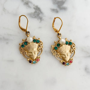 PHARAOH vintage bejewelled gold Egyptian King crown earrings - 