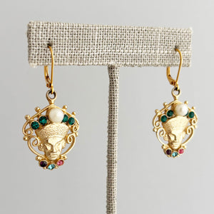 PHARAOH vintage bejewelled gold Egyptian King crown earrings-GREEN BIJOU