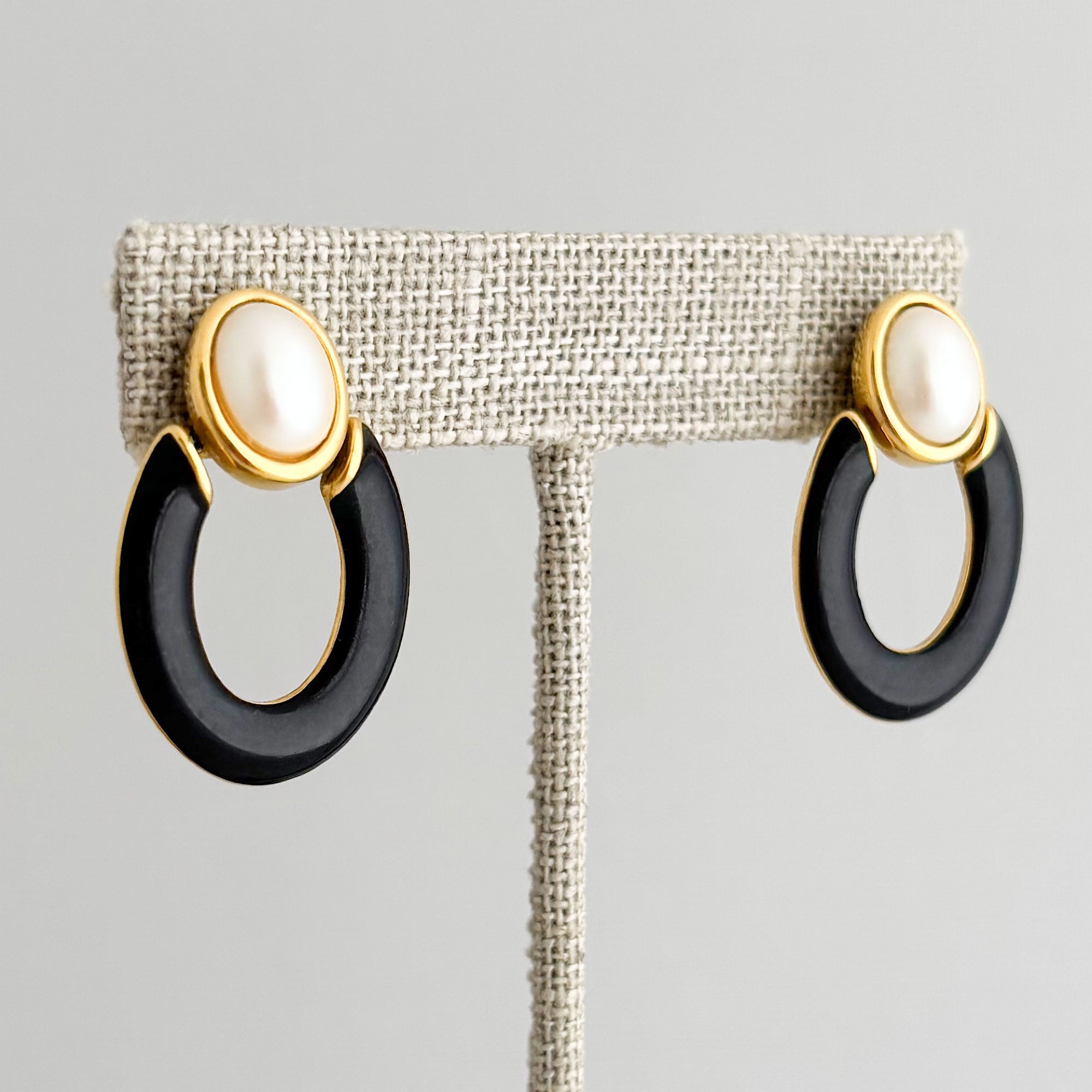PHILIP 80s Monet gold pearl and black enamel drop stud hoops-GREEN BIJOU
