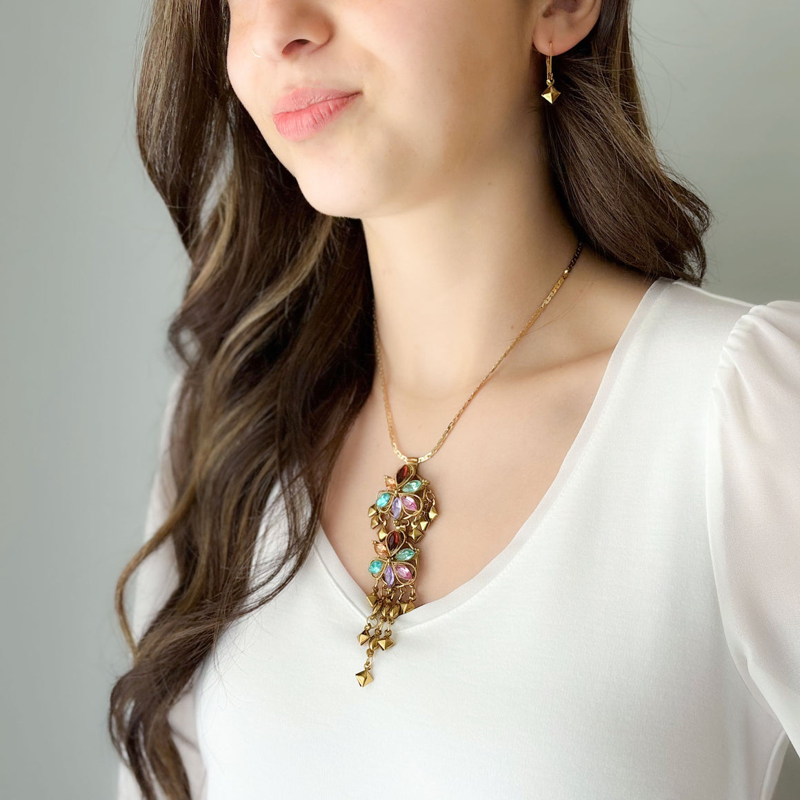 POSEY vintage multi colour crystal necklace and earrings set-GREEN BIJOU