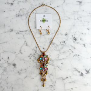 POSEY vintage multi colour crystal necklace and earrings set-GREEN BIJOU