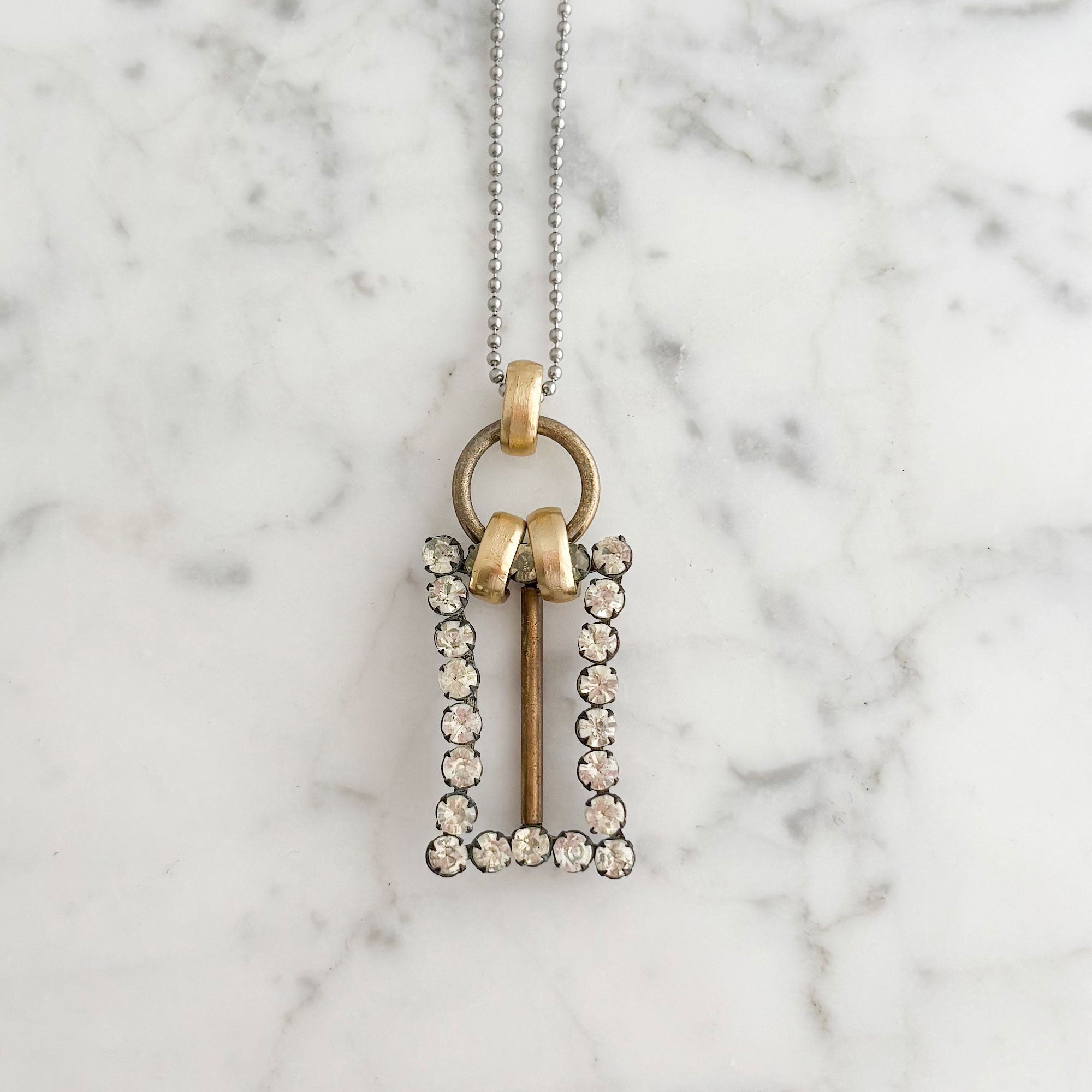 PRISCILLA Edwardian brass & rhinestone buckle pendant necklace-GREEN BIJOU