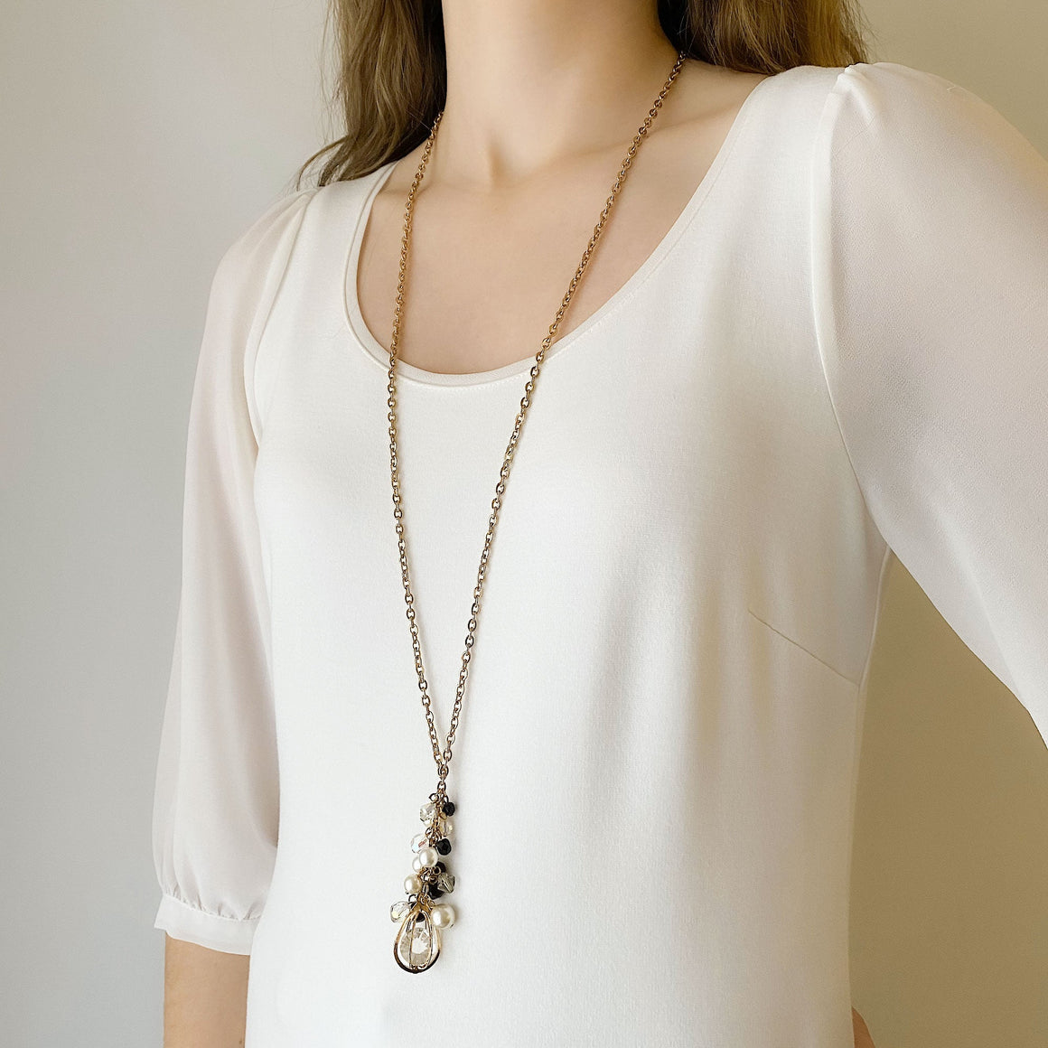 QUEENIE vintage pearl and crystal jumble pendant necklace-GREEN BIJOU